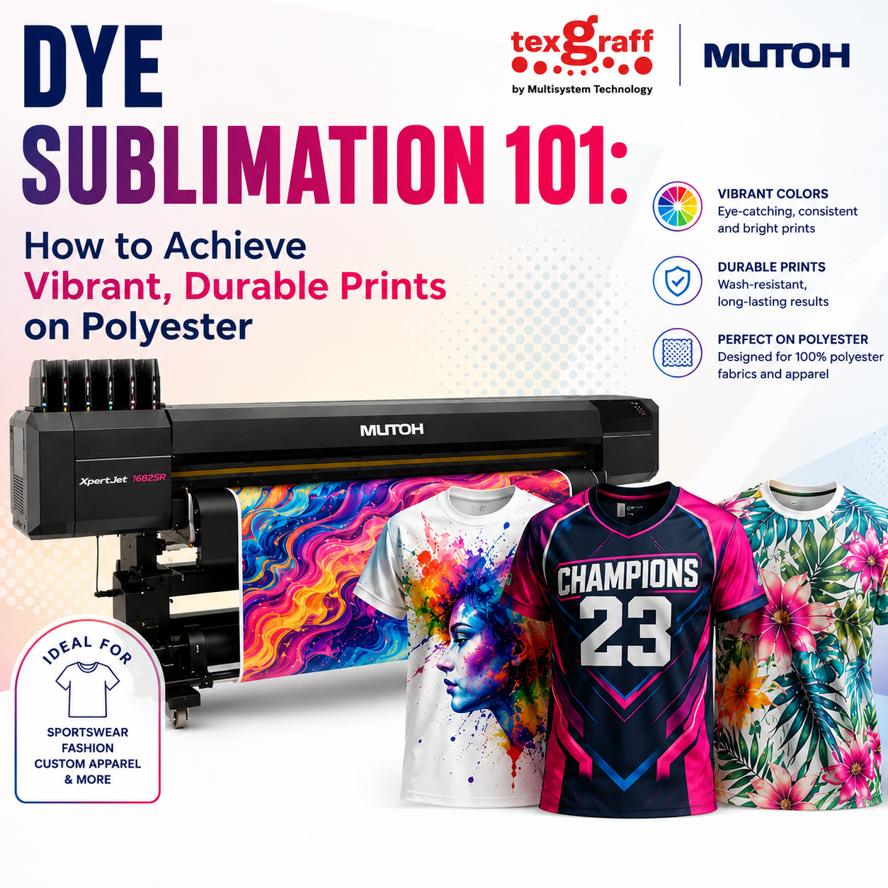 Mutoh XpertJet 1682SR sublimation printer producing vibrant polyester apparel with colorful custom t-shirts and sportswear designs.