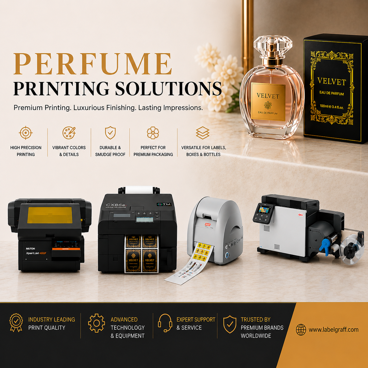 Luxury perfume printing solutions featuring premium label printers and high-end perfume packaging