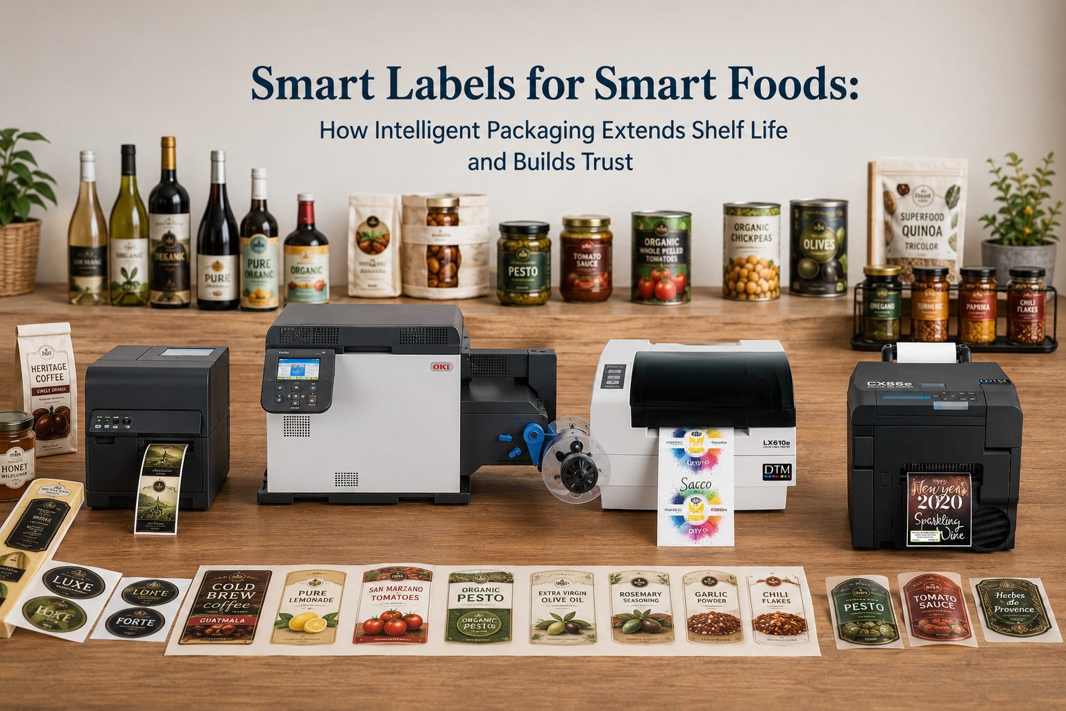 Industrial food label printers producing smart labels for beverages, canned foods, specialty foods, seasoning, spices, and packaged food products with intelligent packaging technology.