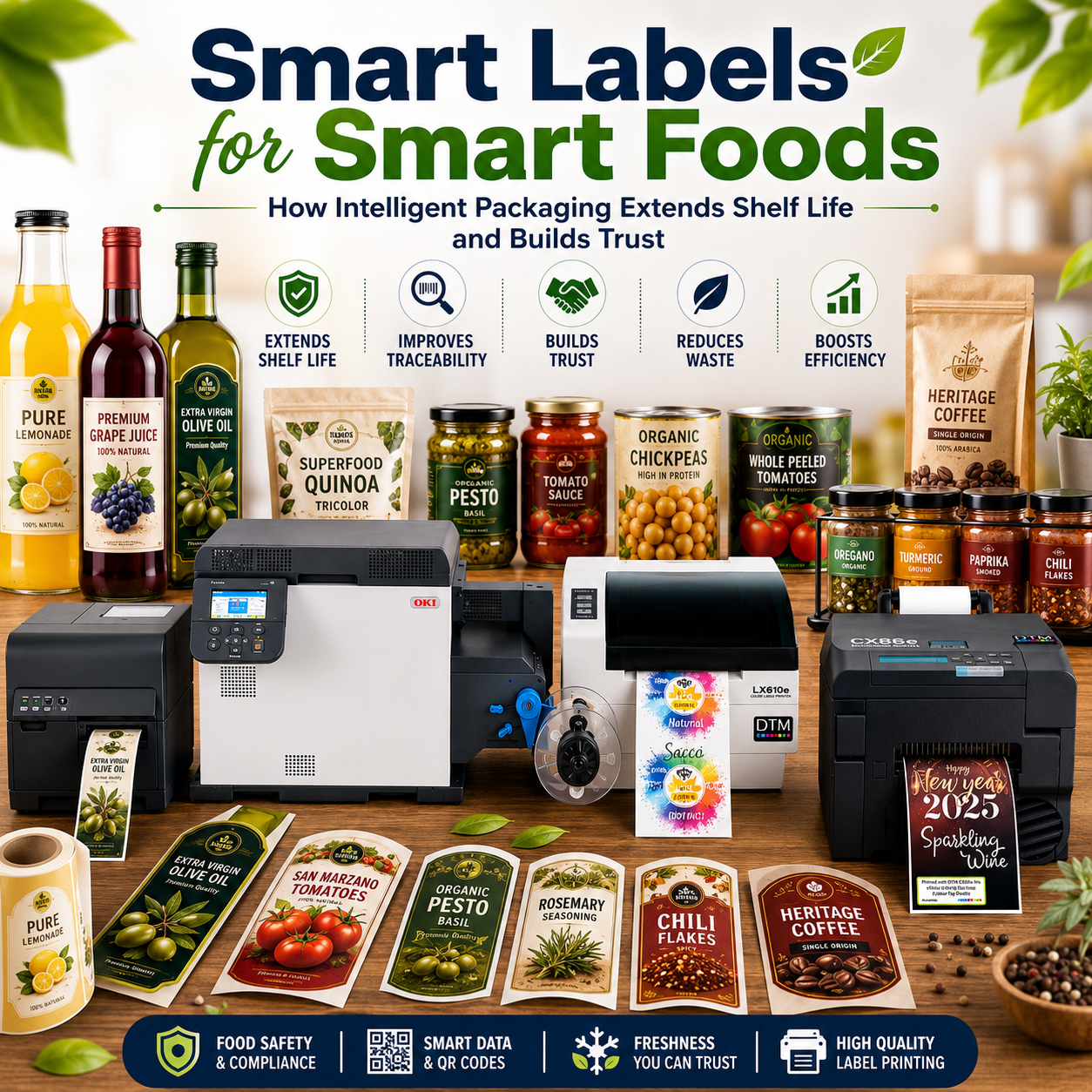 Food label printers producing smart labels for beverages, specialty foods, canned products, coffee, olive oil, spices, and organic food packaging to improve traceability and shelf life.