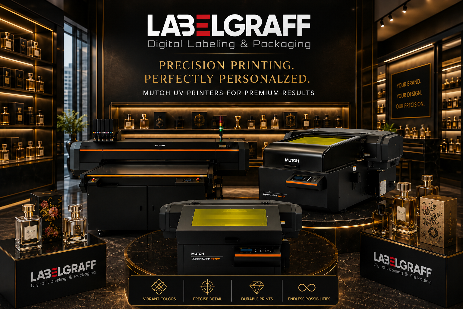 Luxury showroom displaying Mutoh UV printers with customized perfume bottles and premium packaging, showcasing direct UV printing technology for high-end product personalization.