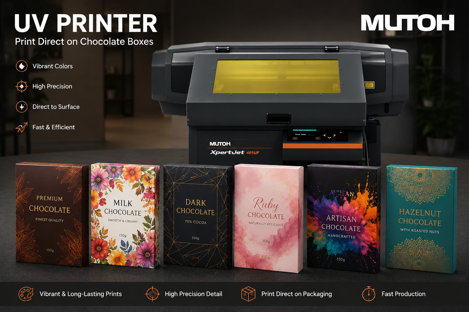 Mutoh XpertJet 461UF UV printer printing directly on custom chocolate boxes with vibrant full-color packaging designs and premium print quality.