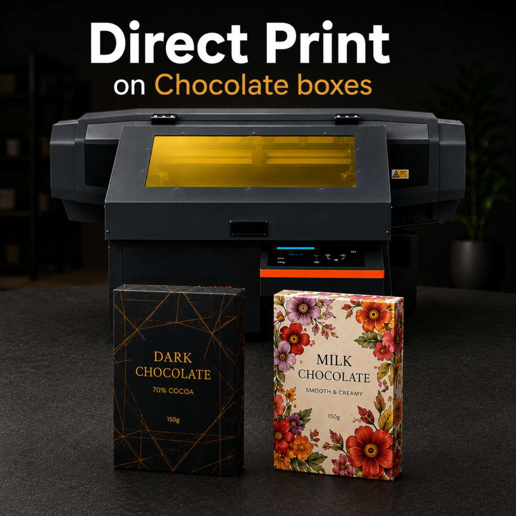 UV printer printing directly on custom chocolate boxes with vibrant full-color packaging designs and high-quality UV printing technology.