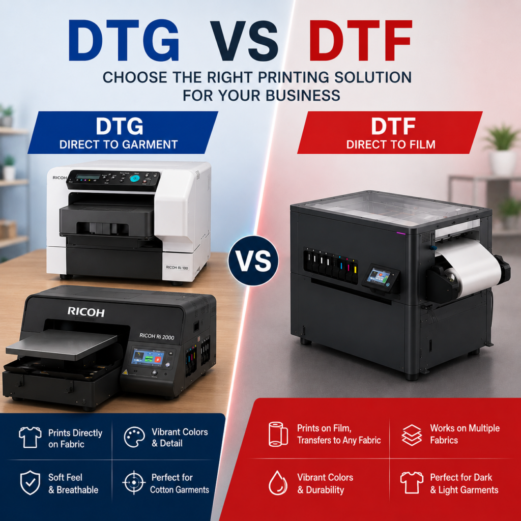 Split comparison graphic showing DTG (Direct-to-Garment) vs DTF (Direct-to-Film) printing machines, highlighting features like fabric printing, color quality, durability, and material compatibility.