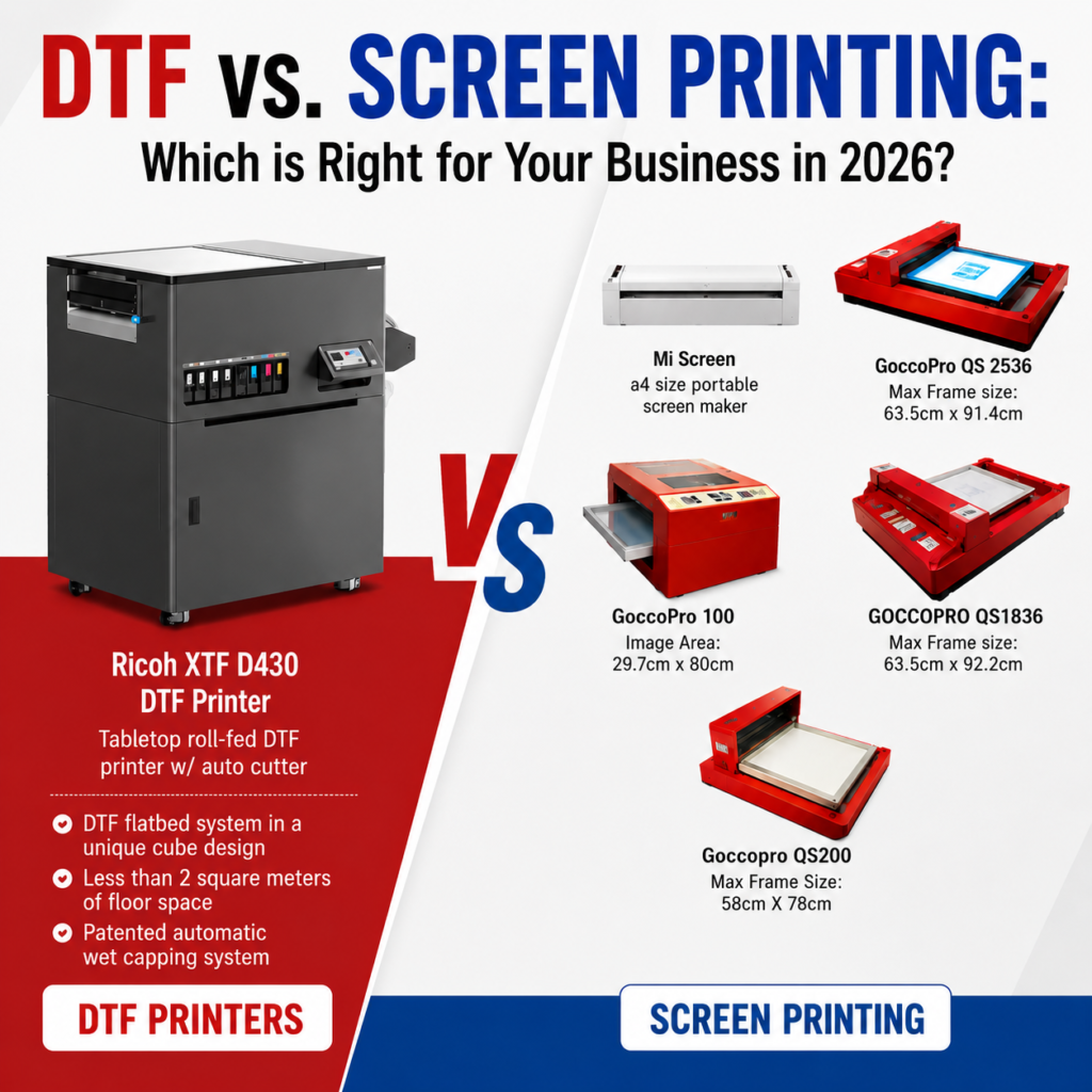 DTF vs screen printing featured image showing Ricoh XTF D430 printer and professional screen printing machines comparison 2026