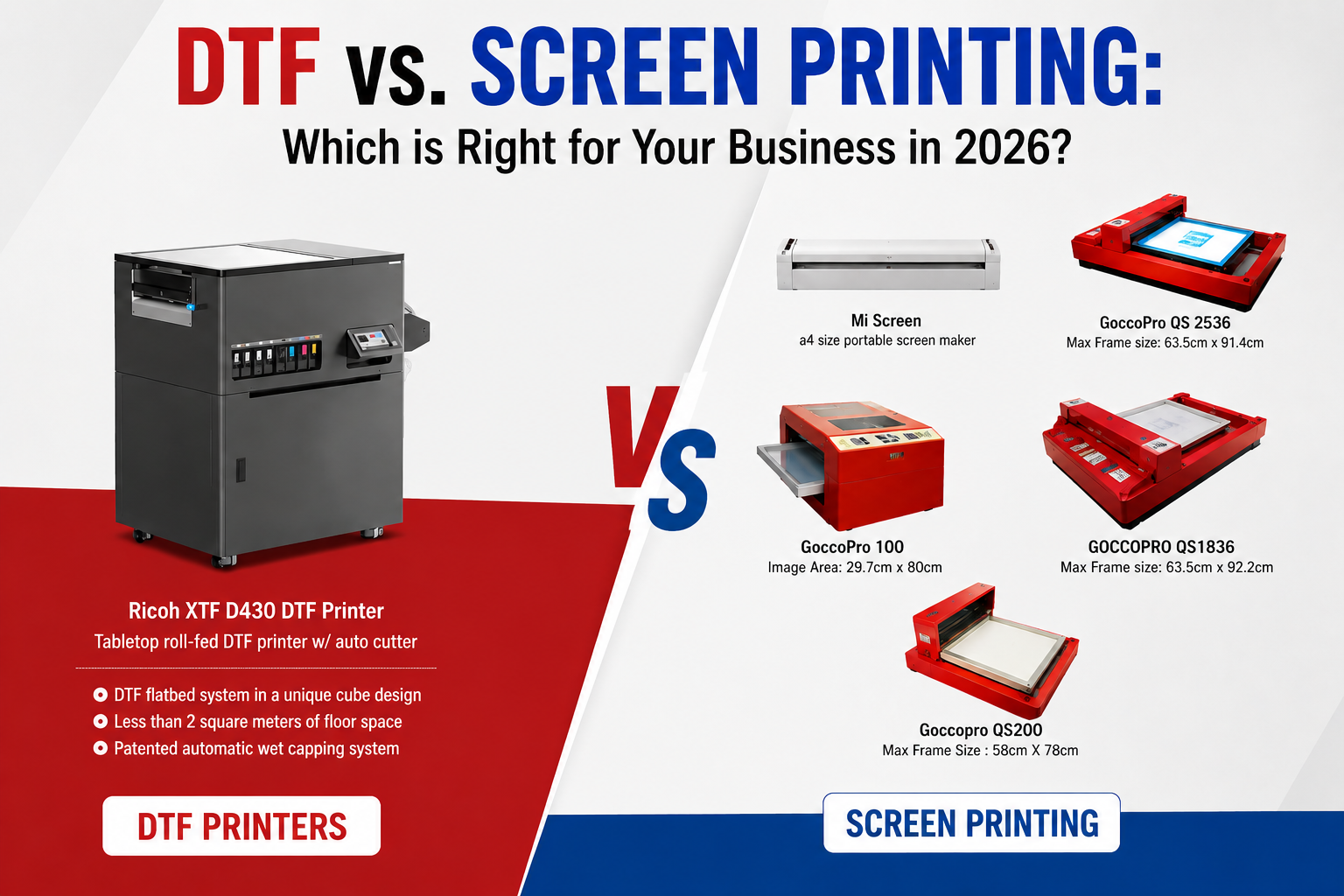 DTF vs screen printing comparison image showing Ricoh XTF D430 DTF printer and multiple screen printing machines for business use in 2026